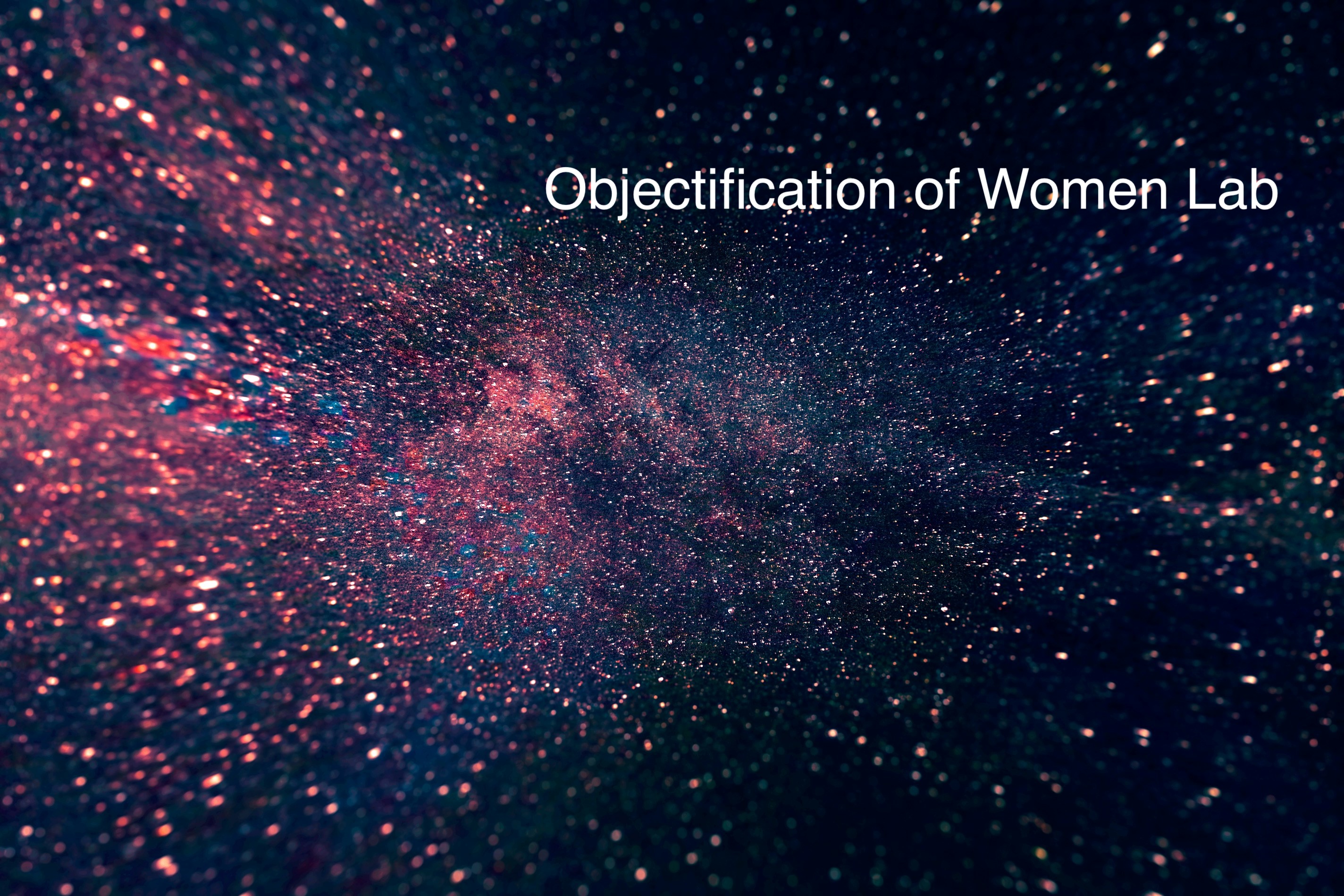 objectification of women text on abstract background with pink blue red stars