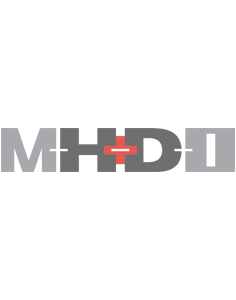 Gray block letters "MHDI," with the "H" and "D" a darker gray than the "M" and "I." A red cross appears in between the "H" and "D".