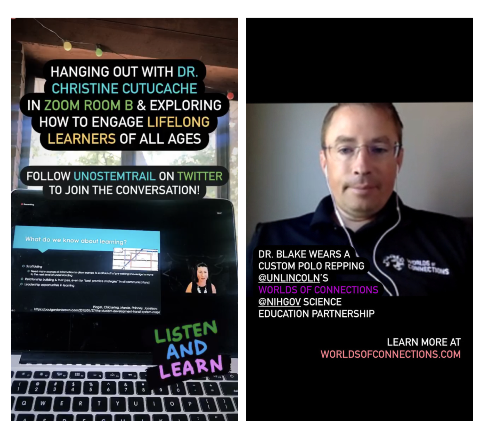 Side-by-side screenshots of Instagram Story posts promoting speakers at the the SciComm conference
