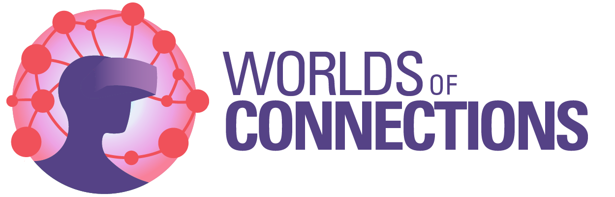 Worlds of Connection logo featuring a purple silhouette of someone wearing VR goggles, revealing a colorful pink network