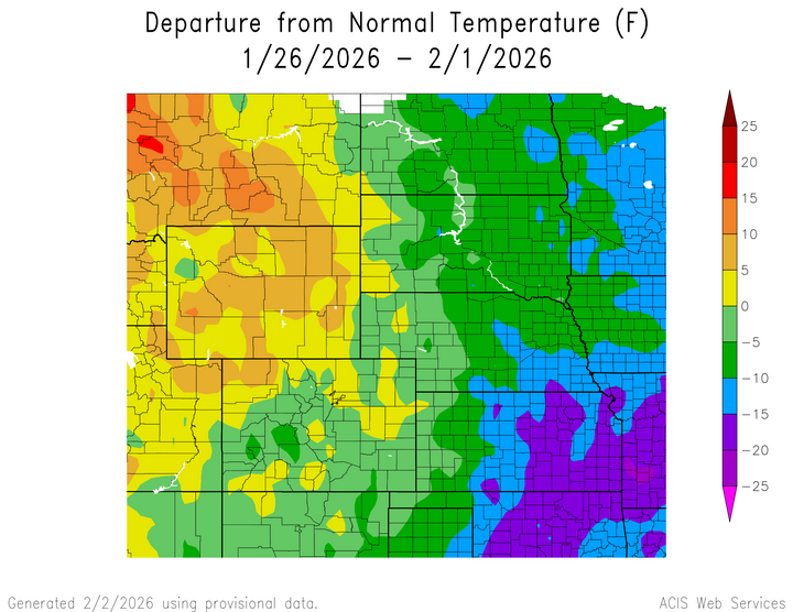Departure from 1991-2020 normal temperature in the High Plains Region