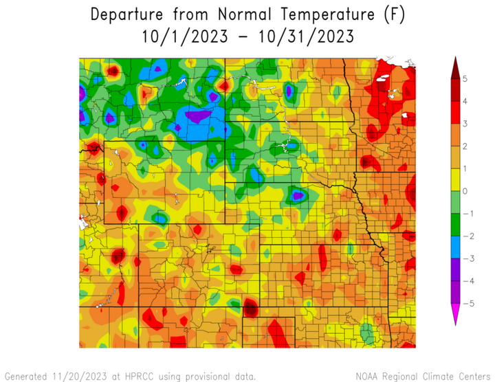 Departure from 1991-2020 normal temperature in the High Plains Region