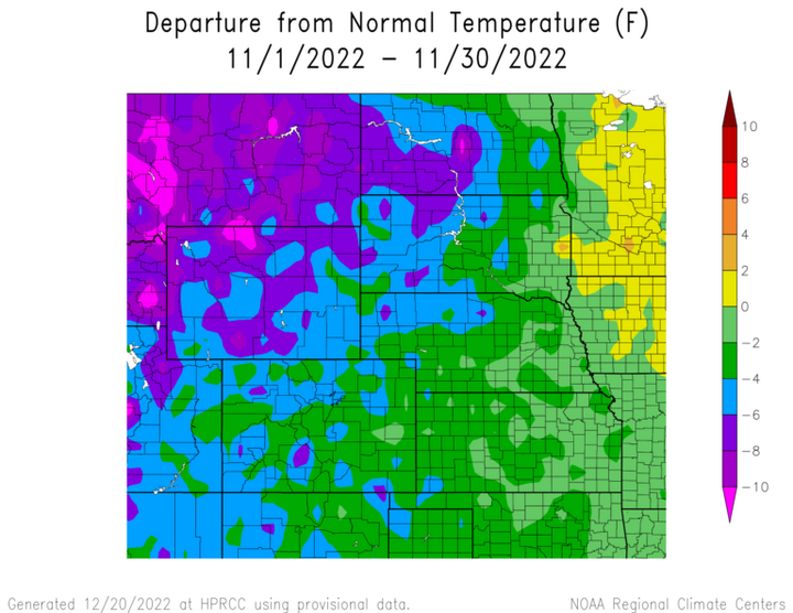 Departure from 1991-2020 normal temperature in the High Plains Region