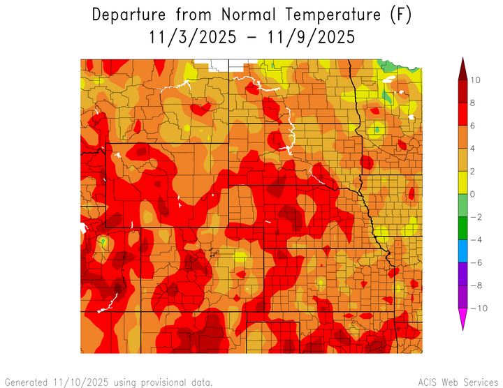 Departure from 1991-2020 normal temperature in the High Plains Region