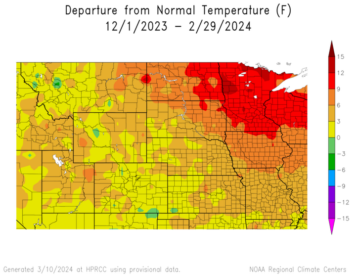 Departure from 1991-2020 normal temperature in the High Plains Region