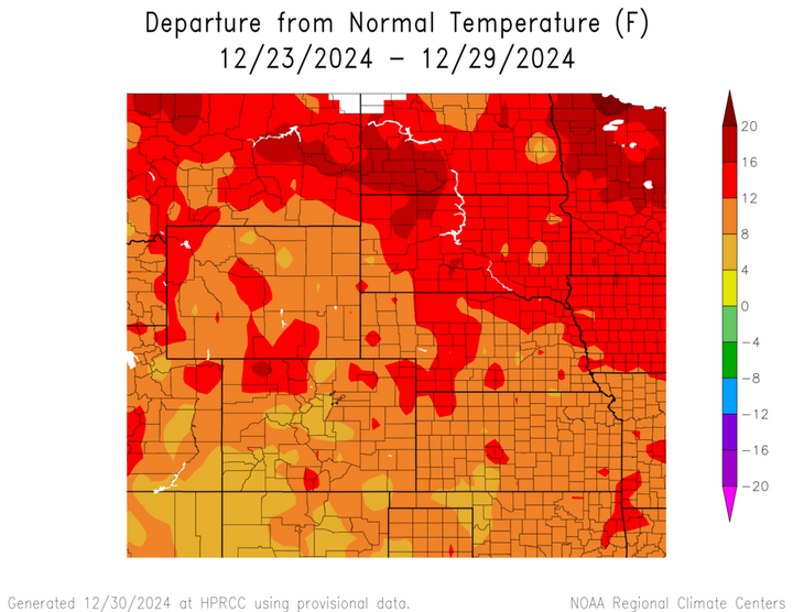 Departure from 1991-2020 normal temperature in the High Plains Region