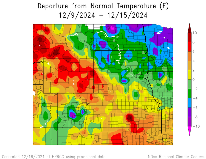 Departure from 1991-2020 normal temperature in the High Plains Region