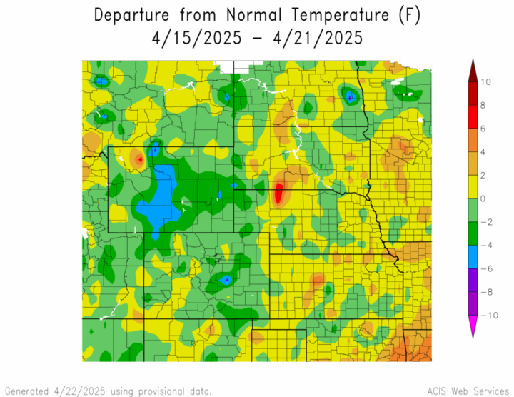 Departure from 1991-2020 normal temperature in the High Plains Region