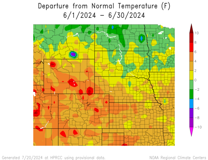 Departure from 1991-2020 normal temperature in the High Plains Region