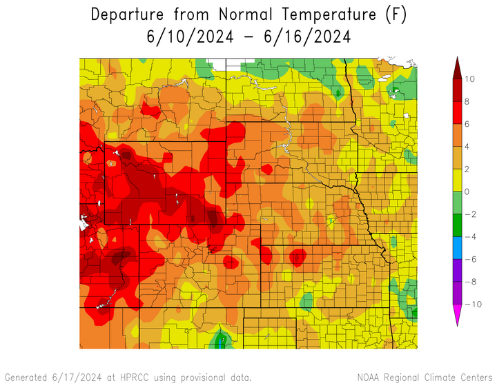 Departure from 1991-2020 normal temperature in the High Plains Region