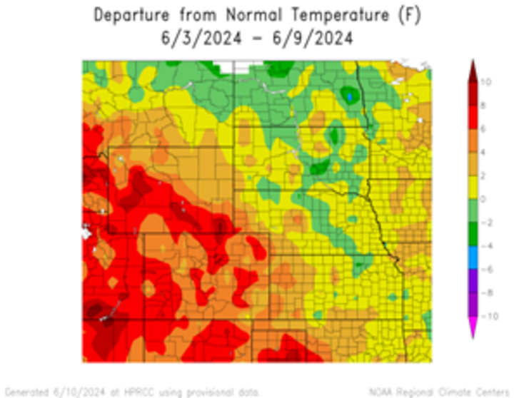 Departure from 1991-2020 normal temperature in the High Plains Region
