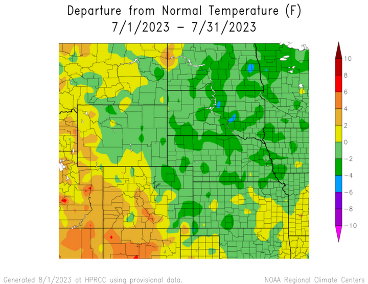Departure from 1991-2020 normal temperature in the High Plains Region
