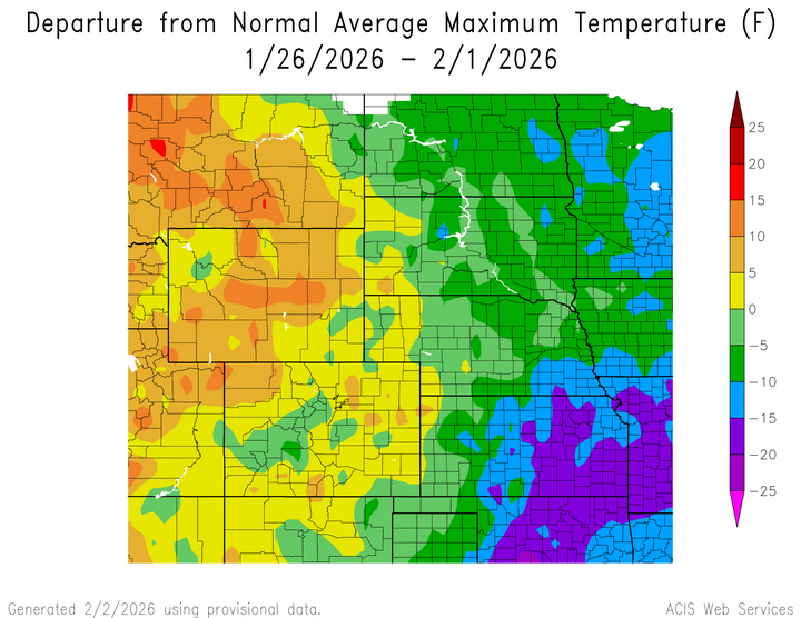 Departure from 1991-2020 normal average maximum temperature in the High Plains Region