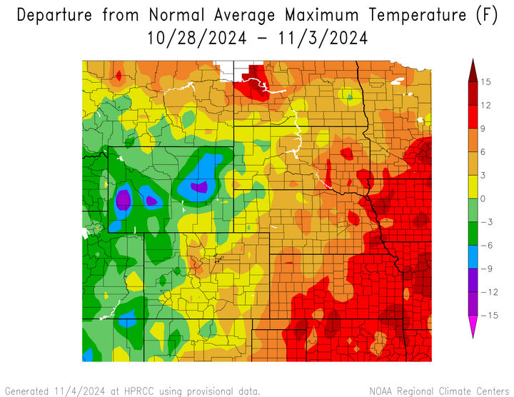 Departure from 1991-2020 normal average maximum temperature in the High Plains Region