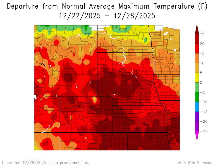Departure from 1991-2020 normal average maximum temperature in the High Plains Region