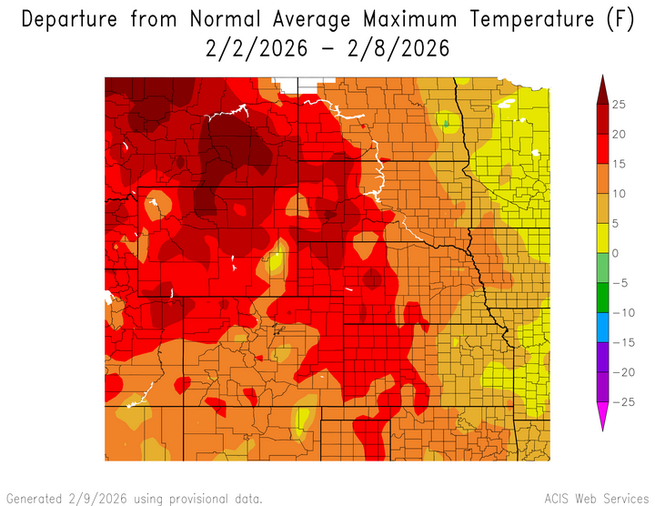 Departure from 1991-2020 normal average maximum temperature in the High Plains Region