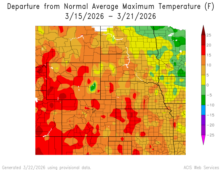 Departure from 1991-2020 normal average maximum temperature in the High Plains Region