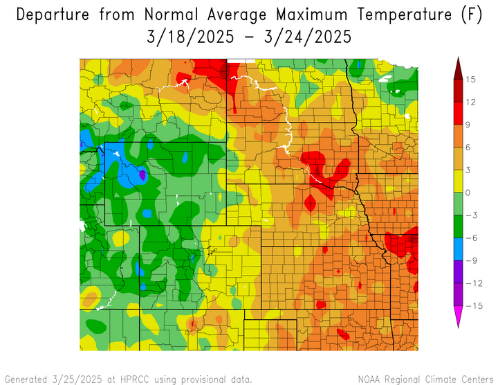 Departure from 1991-2020 normal average maximum temperature in the High Plains Region