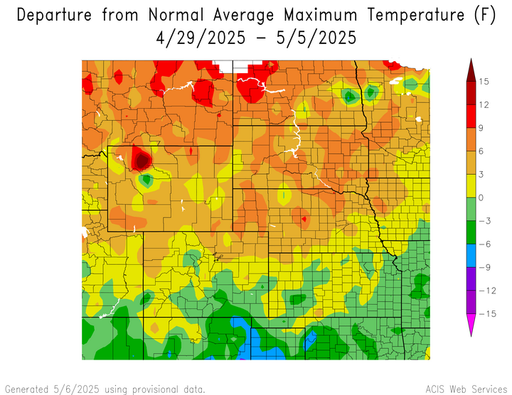 Departure from 1991-2020 normal average maximum temperature in the High Plains Region