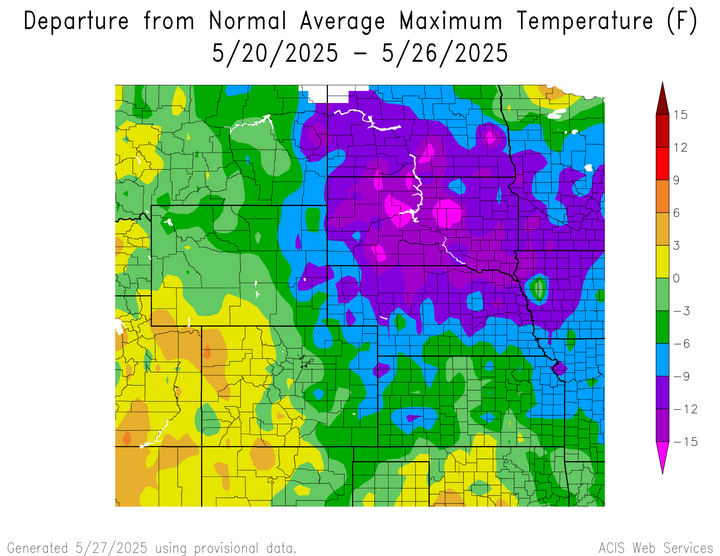 Departure from 1991-2020 normal average maximum temperature in the High Plains Region