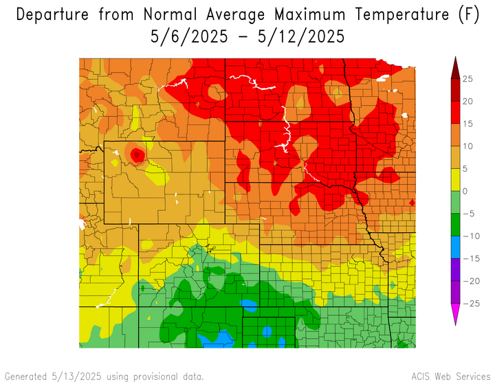 Departure from 1991-2020 normal average maximum temperature in the High Plains Region