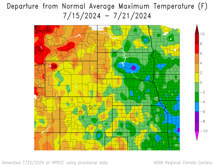 Departure from 1991-2020 normal average maximum temperature in the High Plains Region