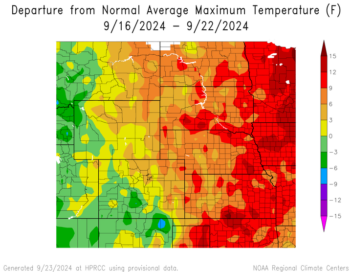 Departure from 1991-2020 normal average maximum temperature in the High Plains Region
