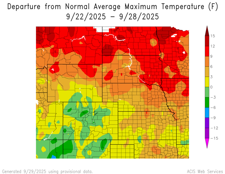 Departure from 1991-2020 normal average maximum temperature in the High Plains Region