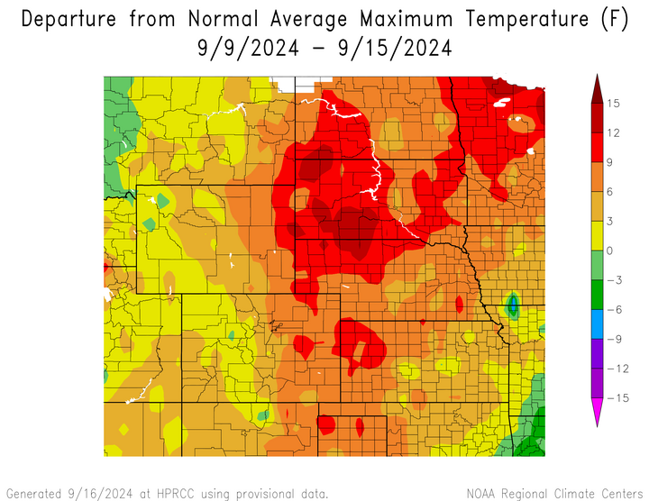 Departure from 1991-2020 normal average maximum temperature in the High Plains Region