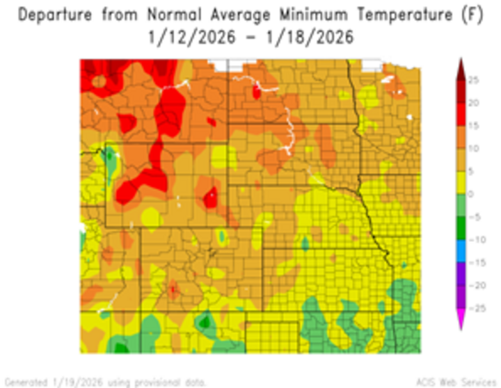 Departure from 1991-2020 normal average minimum temperature in the High Plains Region