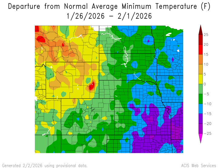 Departure from 1991-2020 normal average minimum temperature in the High Plains Region