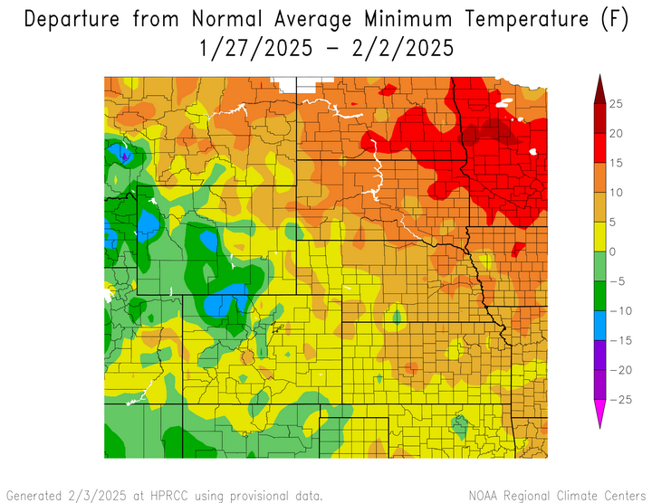 Departure from 1991-2020 normal average minimum temperature in the High Plains Region