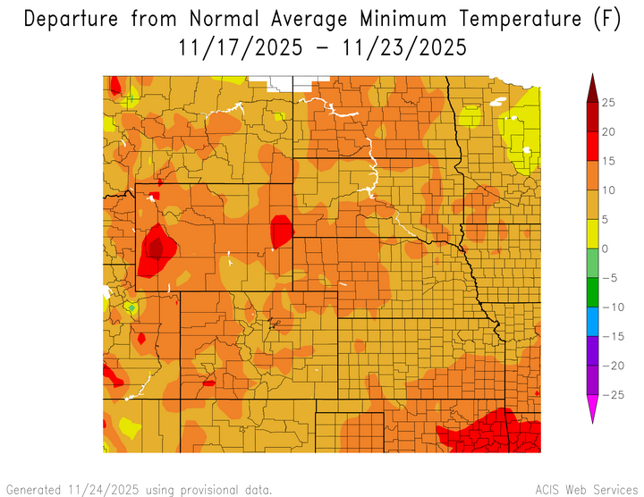 Departure from 1991-2020 normal average minimum temperature in the High Plains Region