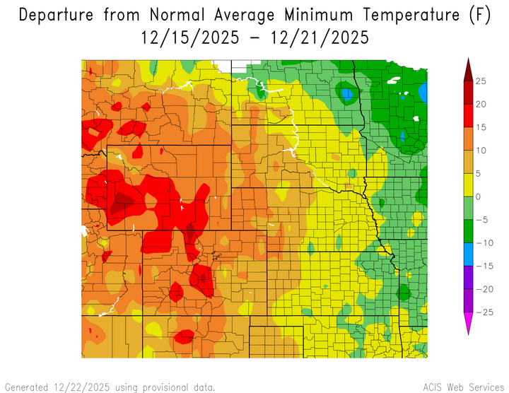 Departure from 1991-2020 normal average minimum temperature in the High Plains Region