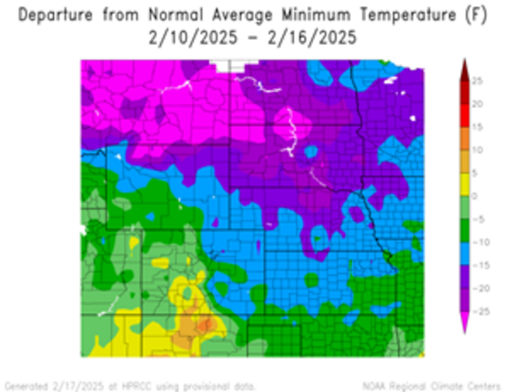 Departure from 1991-2020 normal average minimum temperature in the High Plains Region