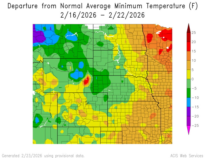 Departure from 1991-2020 normal average minimum temperature in the High Plains Region