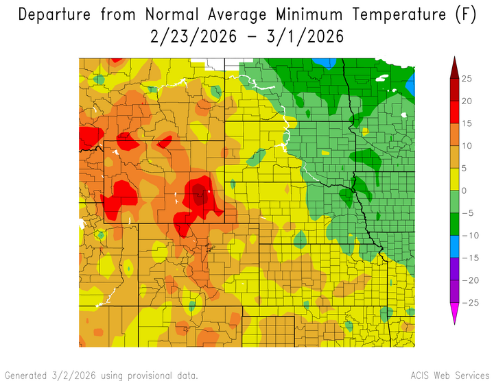 Departure from 1991-2020 normal average minimum temperature in the High Plains Region