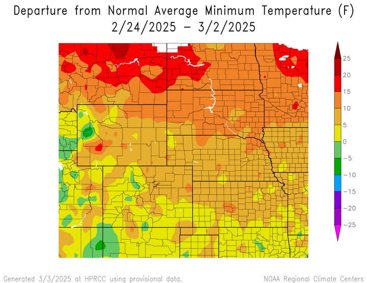 Departure from 1991-2020 normal average minimum temperature in the High Plains Region