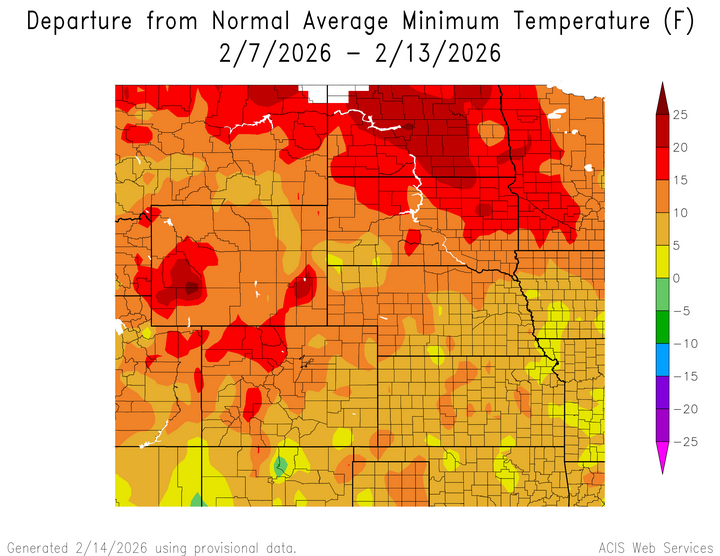Departure from 1991-2020 normal average minimum temperature in the High Plains Region