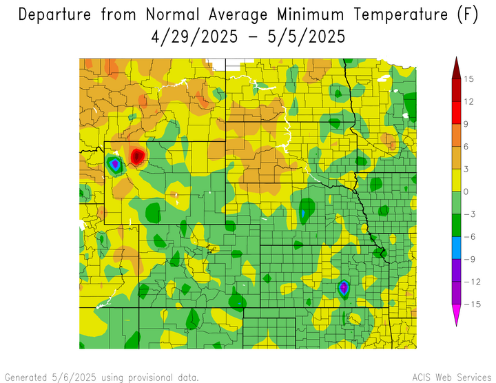 Departure from 1991-2020 normal average minimum temperature in the High Plains Region