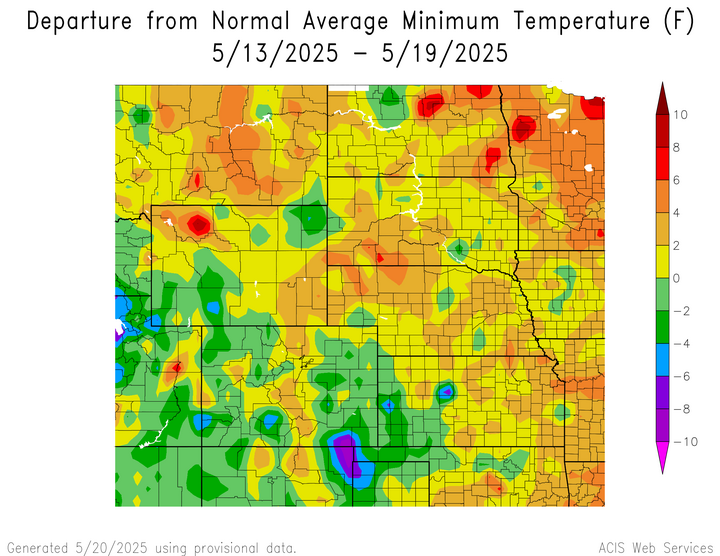 Departure from 1991-2020 normal average minimum temperature in the High Plains Region
