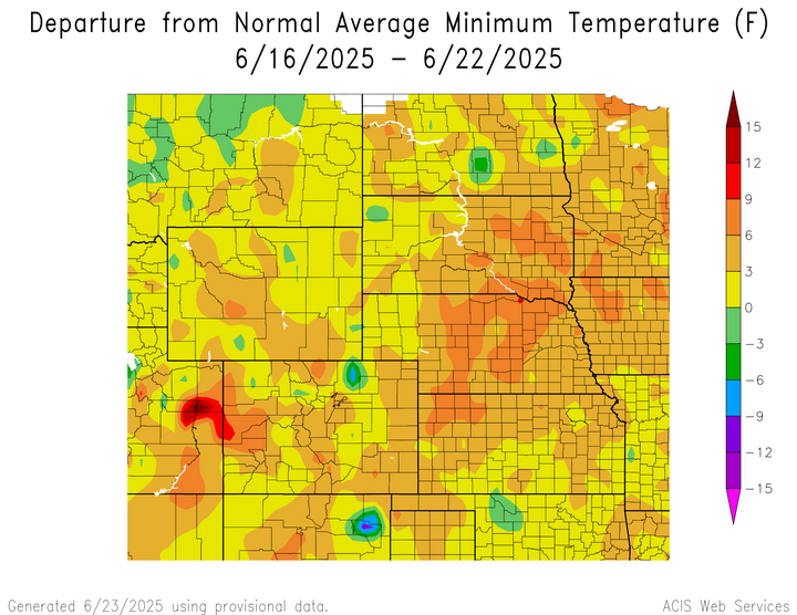 Departure from 1991-2020 normal average minimum temperature in the High Plains Region