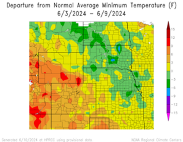 Departure from 1991-2020 normal average minimum temperature in the High Plains Region