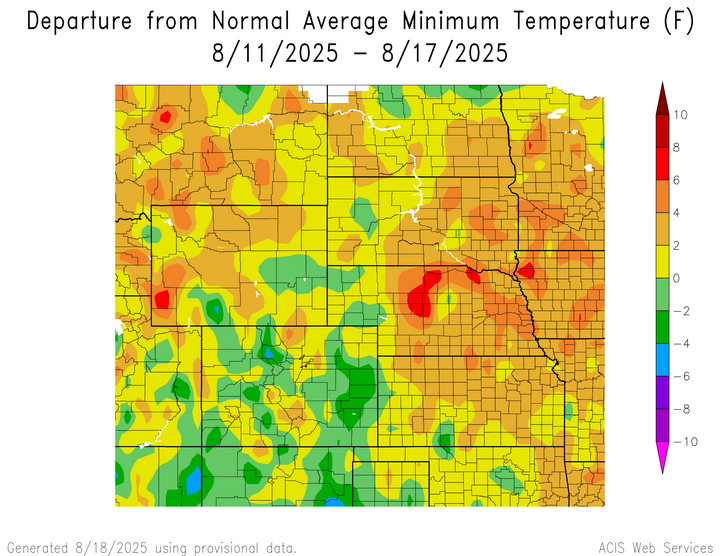 Departure from 1991-2020 normal average minimum temperature in the High Plains Region