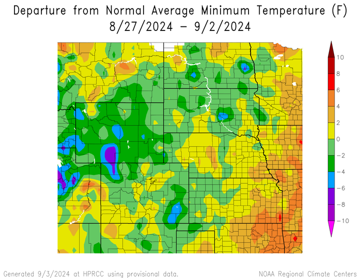 Departure from 1991-2020 normal average minimum temperature in the High Plains Region