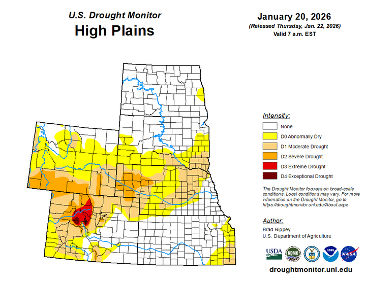 Map of the High Plains region showing the drought index 