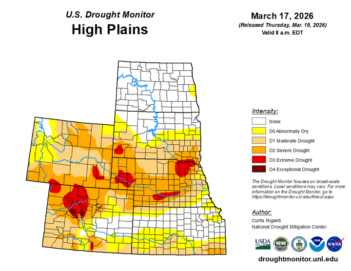 Map of the High Plains region showing the drought index 