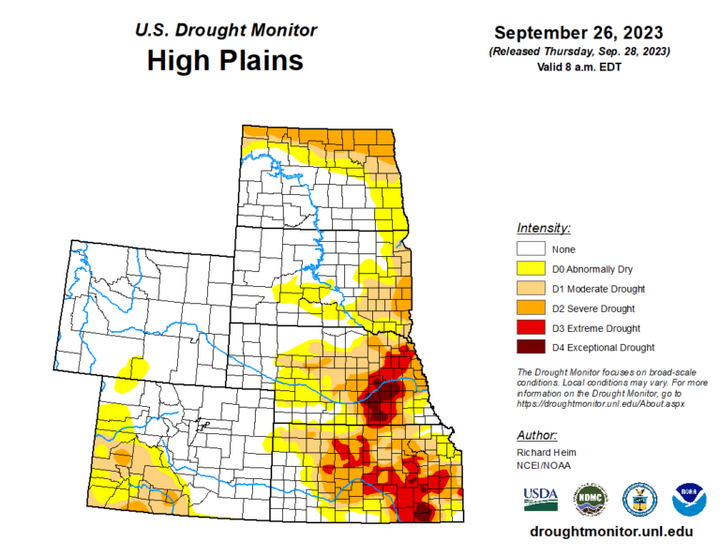 Map of the High Plains region showing the drought index 