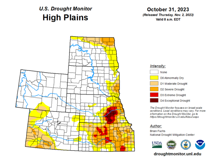 Map of the High Plains region showing the drought index 