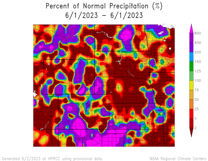 Percent of normal precipitation throughout the month